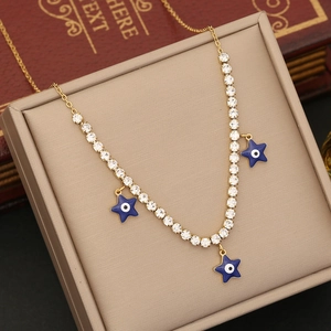 Golden stainless steel necklace with blue evil eye star charms and diamond chain style