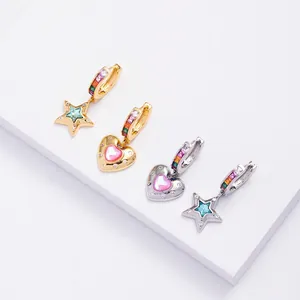 Colorful zircon asymmetric star and heart earrings with rainbow crystals in gold finish