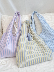 Korean Style Striped Canvas Shoulder Bag Large Capacity Seersucker Texture Casual Tote Handbag For Women