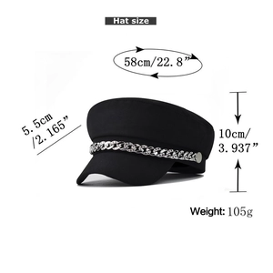 Detailed sizing chart of the black beret with metal chain showing 58cm circumference