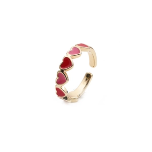 Detail of gold open ring with red and pink enamel heart pattern and adjustable band