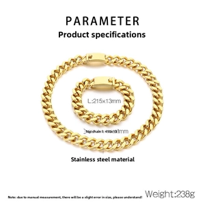 Détails techniques de l'ensemble collier et bracelet gourmette 13mm en acier doré