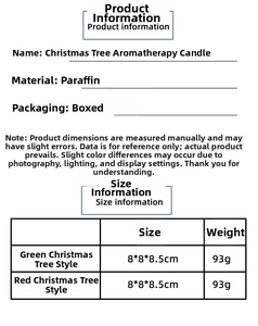 Detailed chart showing size and weight specifications for Christmas tree candles