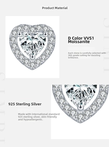 Detail of heart-cut Moissanite earring in 925 silver with D color VVS1 micro-pave setting