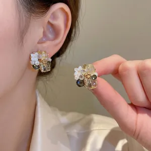 Retro Flower Stud Earrings Copper Crystal Rhinestone Geometric Elegant Jewelry With Silver Earring Post For Women