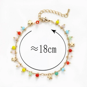 Bohemian gold plated chain bracelet with colorful faceted beads and star pendants, 18cm long