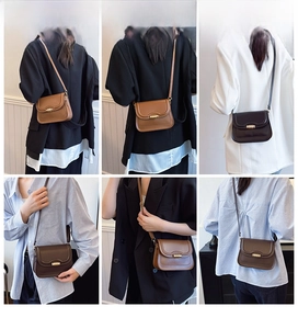 Collage of model wearing vintage solid color flap crossbody bags in brown and black