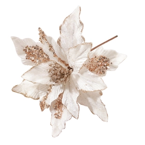 Fleur de Noël blanche en tissu avec paillettes dorées pour décoration de sapin