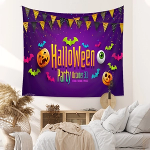 Detail of Halloween Party tapestry in a cozy bedroom setting with pumpkins and bats