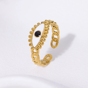 Anillo Abierto De Ojo Turco Acero Inoxidable Chapado En Oro 18K Esmalte Diseño Cadena Joyería De Moda Única Ajustable Mujer