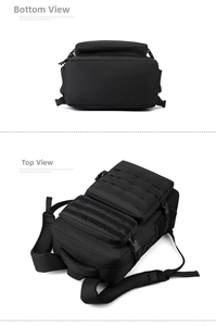 Detail view of the durable black tactical backpack featuring MOLLE system and bottom design