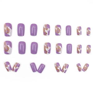 Set of 24 square-oval press-on nails with purple marble pattern and glossy finish