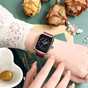Elegant square rose gold watch for women with burgundy leather strap and black dial