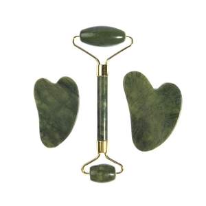 Natural green jade roller and heart-shaped gua sha massage set with golden hardware