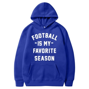 Blue American football hoodie with Football Is My Favorite Season text and kangaroo pocket