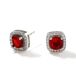 Square halo stud earrings featuring round red zircon stone in silver claws