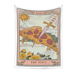 Detail of tarot tapestry featuring a pizza slice and dagger with floral ornaments