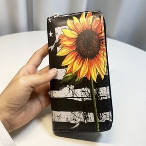 Long PU leather wallet featuring sunflower floral print and striped star patterns