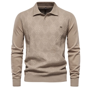 Detailed close-up of khaki knitted polo shirt featuring premium textured diamond patterns