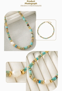 Detailed macro view of natural turquoise beads and freshwater pearls on a gold-plated chain