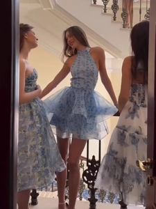 Detailed comparison of three floral chiffon dresses in halter, tube, and maxi styles