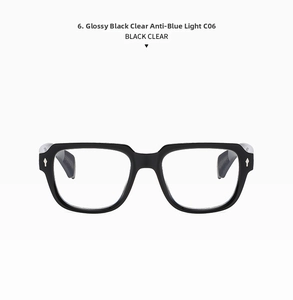 Detail of square black frame glasses with anti-blue light clear lenses and silver rivets