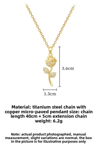 Detailed specs of rose flower pendant necklace in titanium steel with gold finish