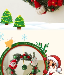 Detail of Christmas wreath with green pine needles, red pom-poms and Santa Claus ornament
