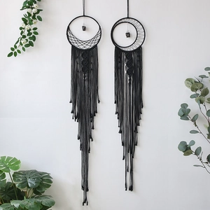 Handmade black moon dreamcatcher with woven cotton thread and hanging crystal stones