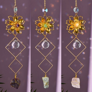 Detailed view of gold flower suncatchers with amethyst, rose quartz and aventurine stones