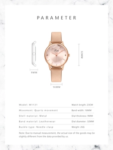 Detailed technical specifications for a rose gold ladies quartz watch with leather strap.