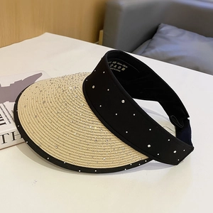 Women Sun Visor Hat Large Brim Foldable Straw Weave With Rhinestone Decoration UV Protection Summer Beach Travel Cap