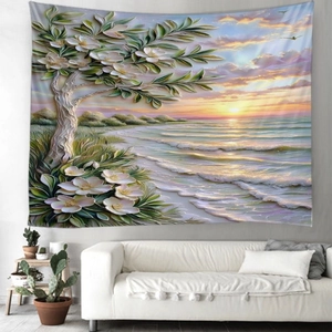 Detalle de tapiz de playa con flores 3D en la pared de una sala de estar moderna