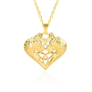 Polished 18k gold plated stainless steel heart pendant with dual wolf head design