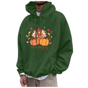 Dark green Thanksgiving fleece hoodie for men and women featuring turkey and pumpkin prints