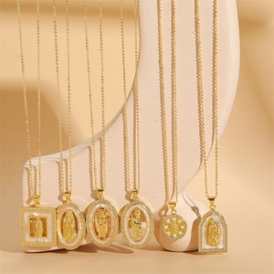Gold plated religious Virgin Mary necklaces with mother of pearl and zircon pendants