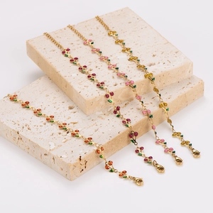 Bohemian gold stainless steel bracelets with colorful enamel cherry blossom and leaf charms