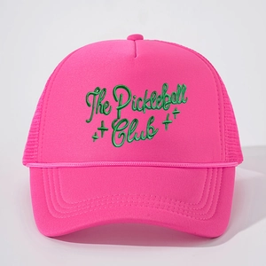 Vibrant pink trucker hat featuring The Pickleball Club green embroidery and mesh back