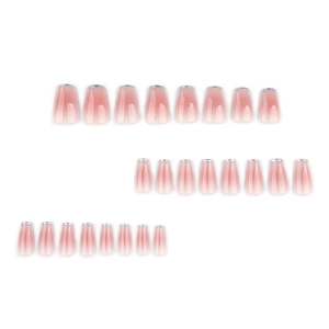 Short trapezoid press-on nails with silver French tips and blush pink gradient design