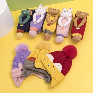 Cartoon animal knit hat and scarf set for toddlers with 3D dinosaur and bear ears
