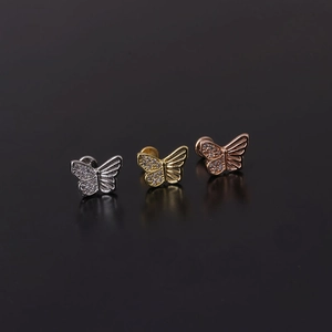 Three-color butterfly labret studs in silver, gold, and rose gold with zircon inlay