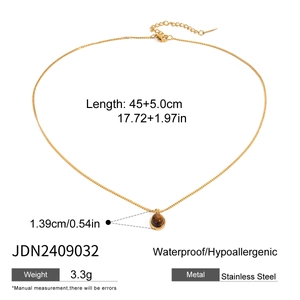 Detailed dimensions of waterproof gold stainless steel necklace with tiger eye stone pendant