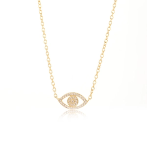 Close-up of gold-plated evil eye necklace featuring sparkling pave-set zircon stones