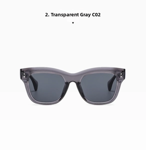 Detail of square transparent grey sunglasses with dark grey lenses and silver rivets