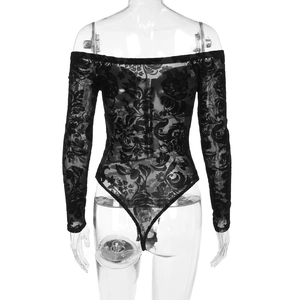 Detail of off-shoulder black lace bodysuit featuring floral patterns and long sleeves