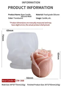 Detailed view of 3D rose candle silicone mold with finished pink flower candle dimensions