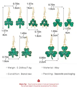 Tabla de tallas de cinco pendientes de trébol de San Patricio con brillo verde brillante