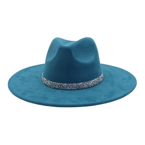 Detail of peacock blue faux suede fedora featuring a shiny silver rhinestone band