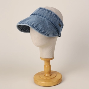 Retro light blue denim open top sun hat with wide brim and small metal detail