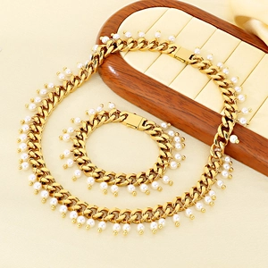 18K gold plated Cuban chain necklace and bracelet set with delicate white pearl drops